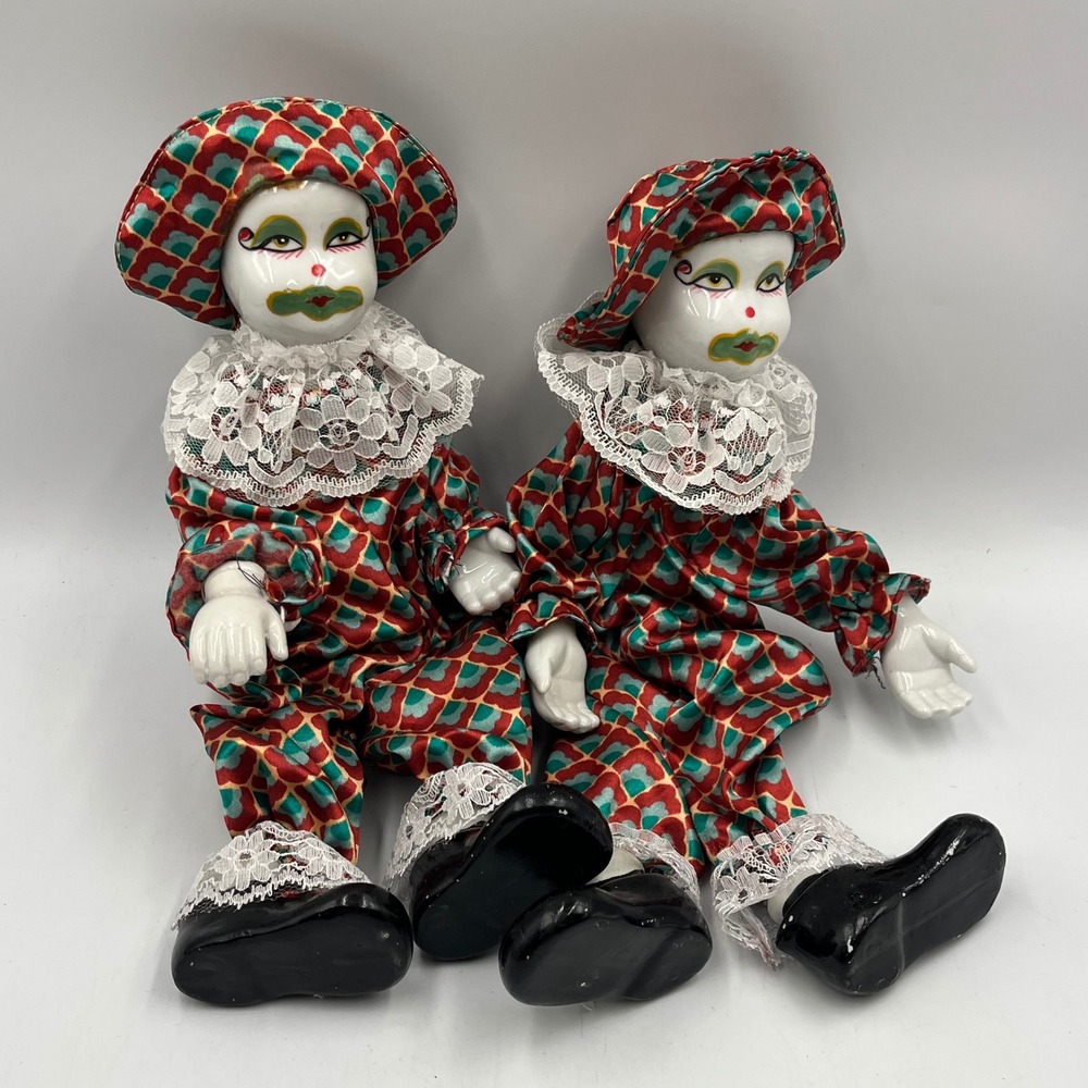 Vintage Porcelain‎ Clown Dolls Set of 2 Harlequin Jester Red Green Lace 12 Inch